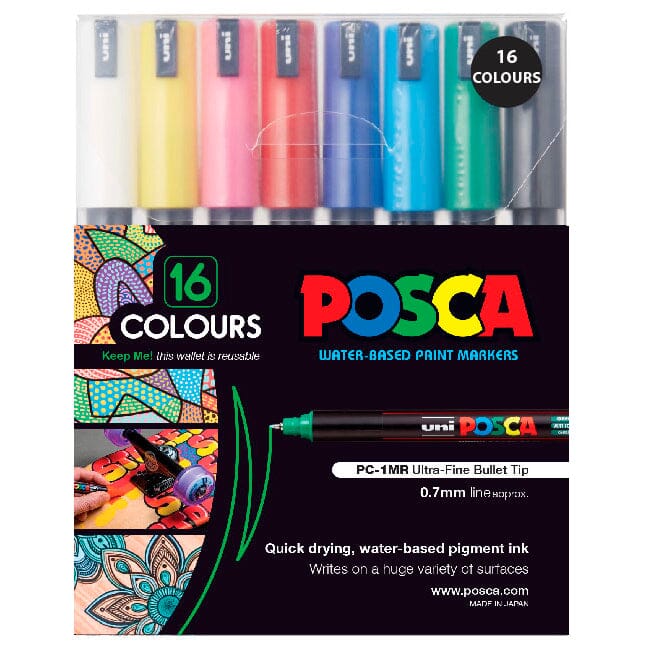 Uni Posca Marker 0.7mm Ultra-Fine Pin Tip 16 Pack Assorted PC-1MR