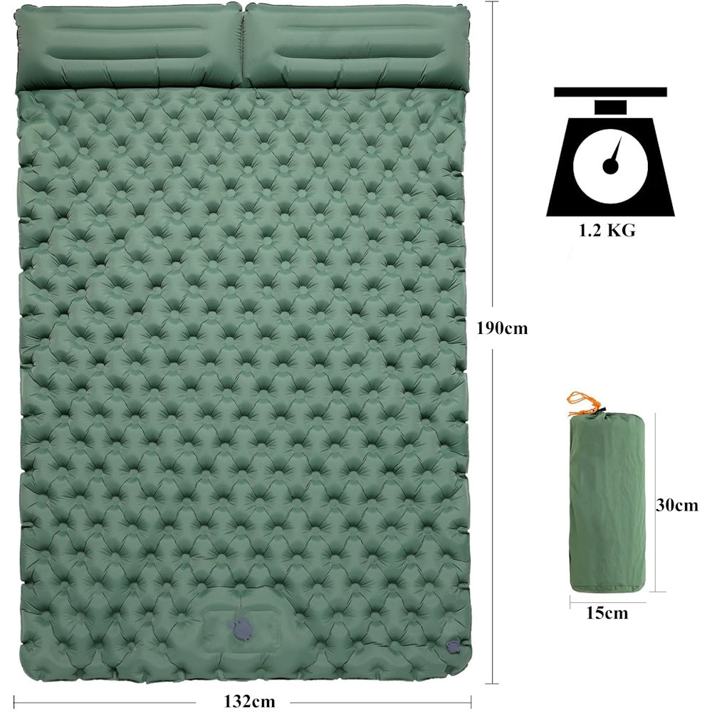 Inflatable Sleeping Mat with Pillow and Built in Pump - Green