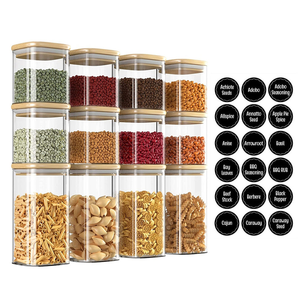 Set of 12 Square Glass Storage Jars with 144 pcs. Labels