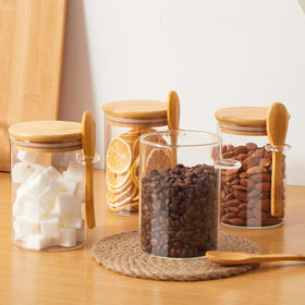 Set of 4 Glass Storage Jars with Bamboo Lids and Spoon - 500mL