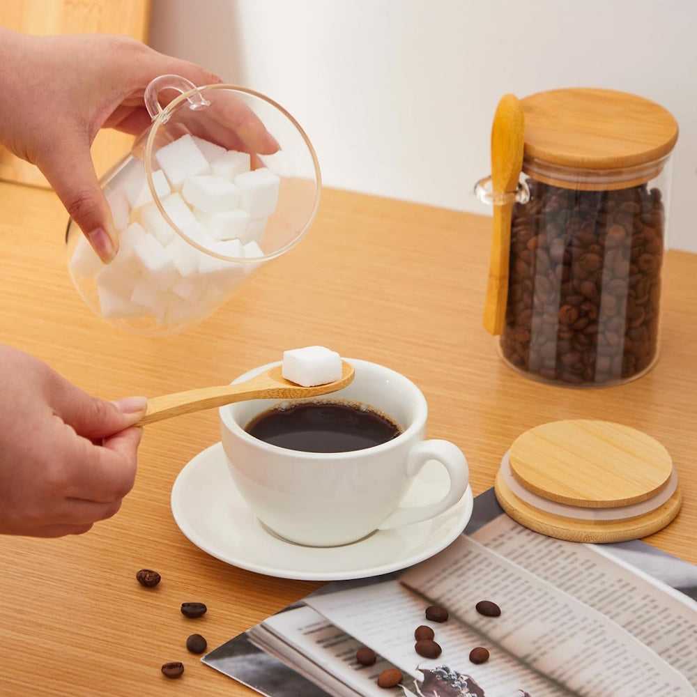 Set of 4 Glass Storage Jars with Bamboo Lids and Spoon - 500mL