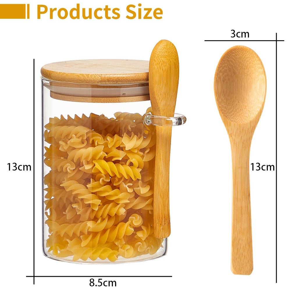 Set of 4 Glass Storage Jars with Bamboo Lids and Spoon - 500mL