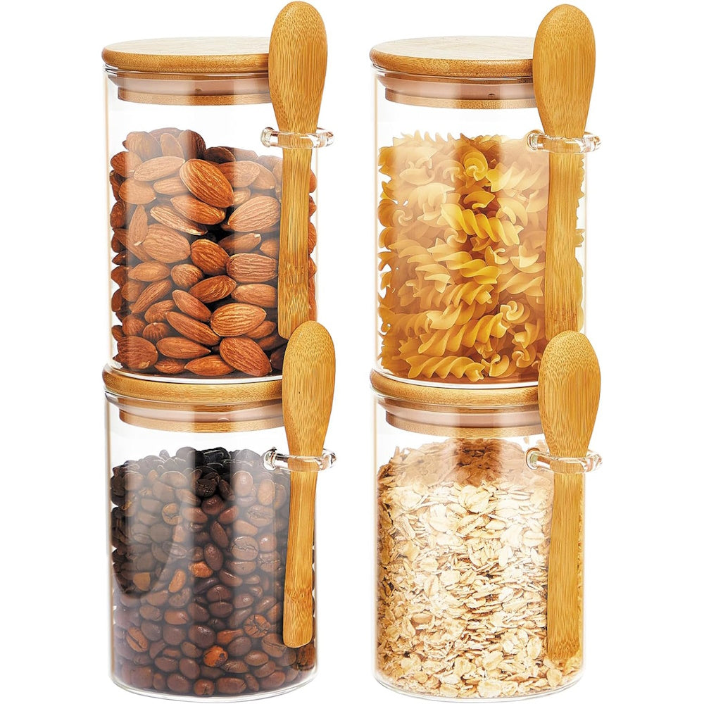 Set of 4 Glass Storage Jars with Bamboo Lids and Spoon - 500mL