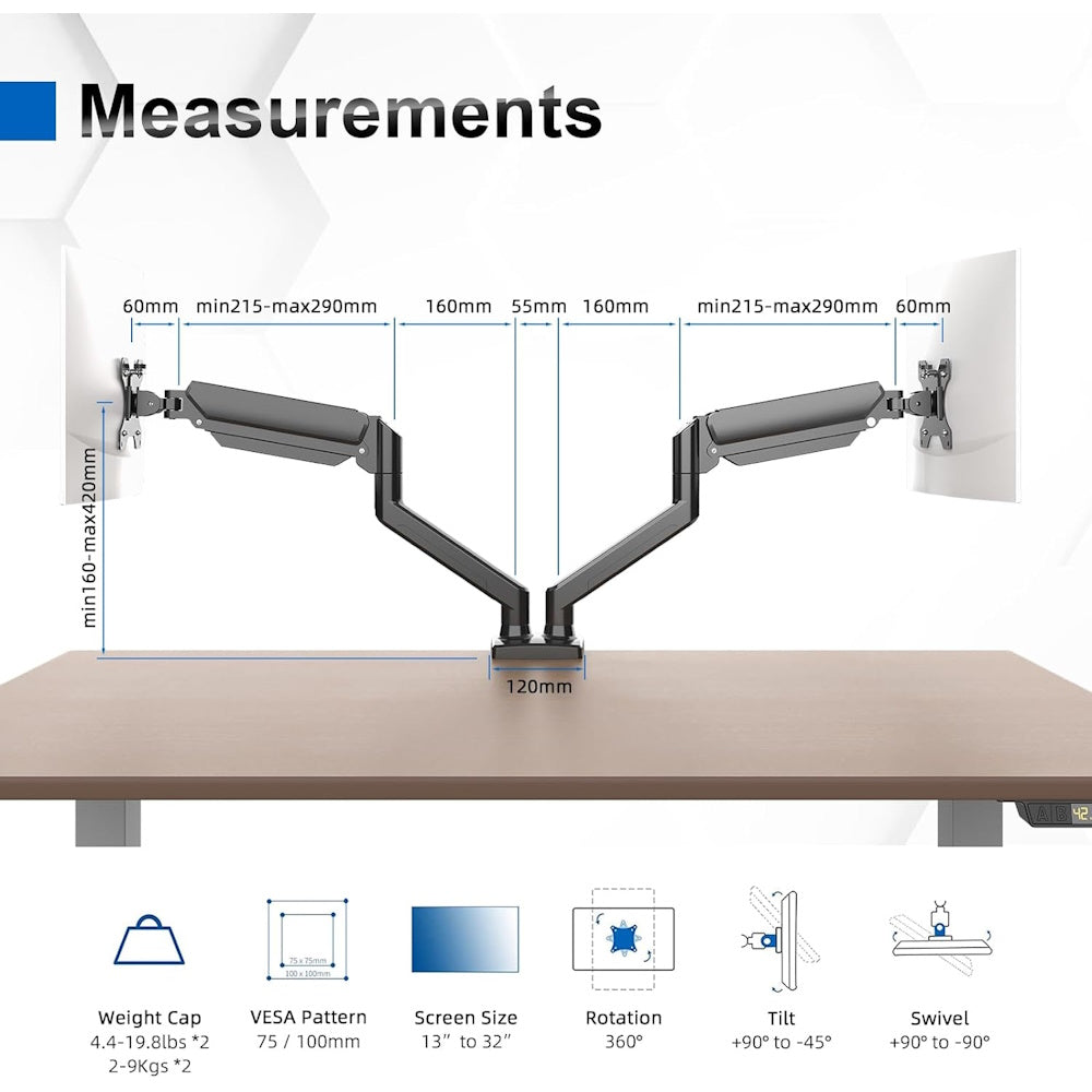 Dual Gas Spring Arm Desk Mount for 13-32" Monitors