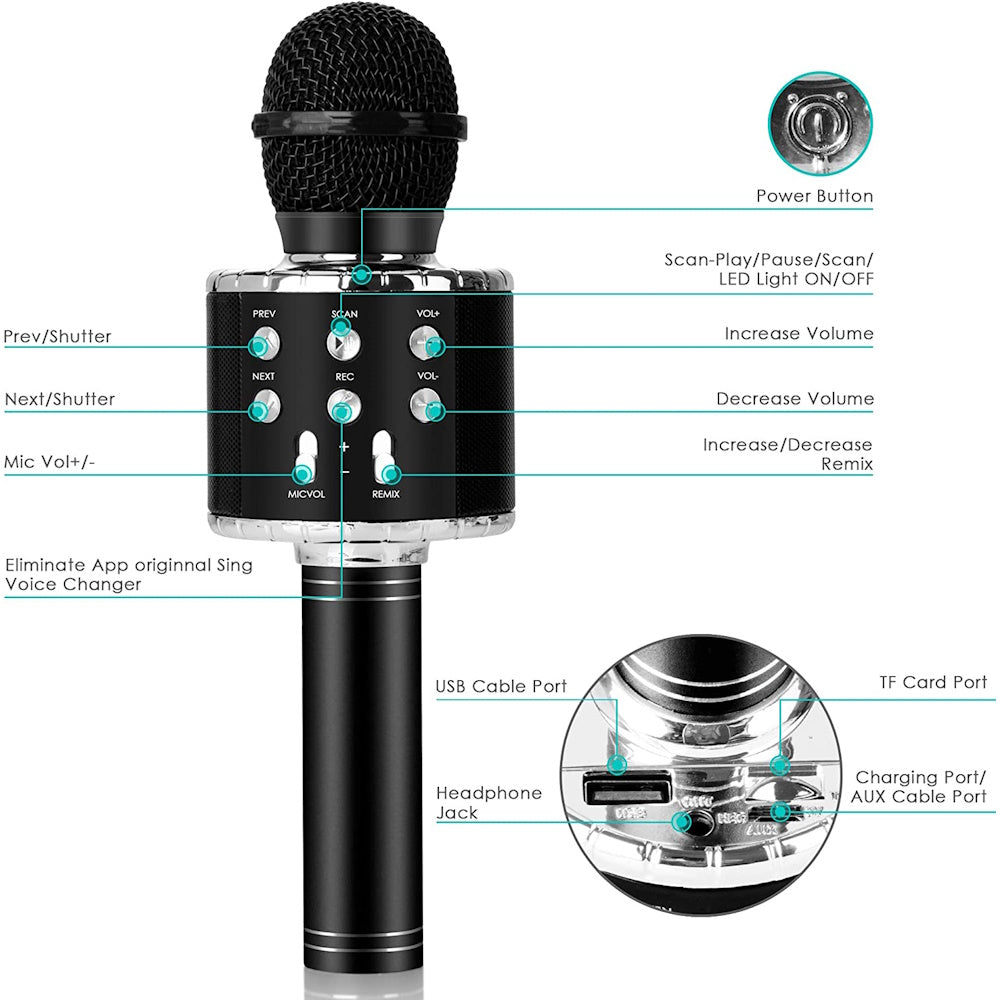 Karaoke Microphone with Bluetooth & LED Lights - Black