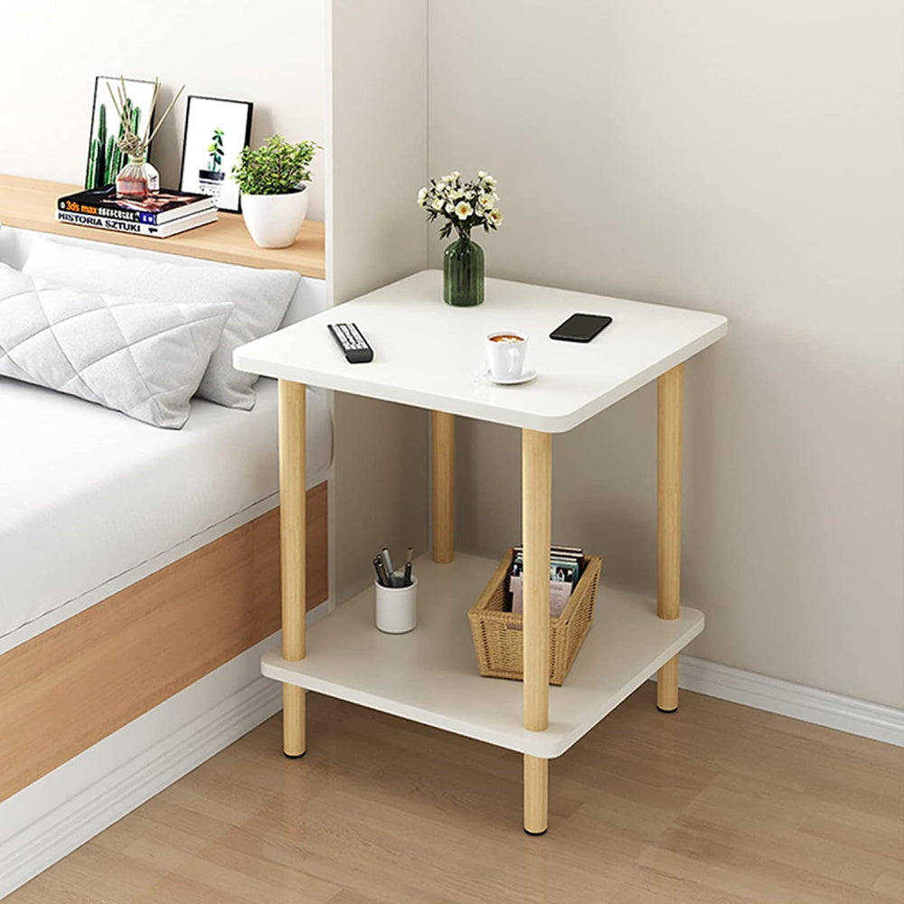 2 Tier Tall Square Wooden Side Table - White