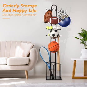 4 Tier Sports Equipment Storage Rack with Basket